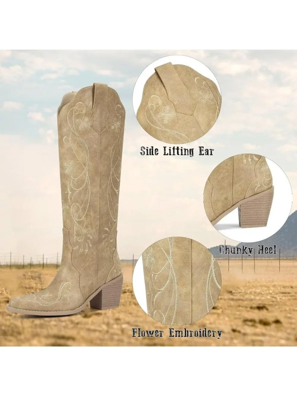 Women's Cream Apricot Floral Faux Leather Knee High Western Style Cowgirl Boots